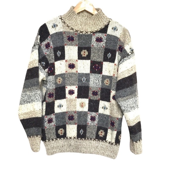 VINTAGE entree checkered wool blend embroidered knit oversized sweater S - Picture 1 of 9
